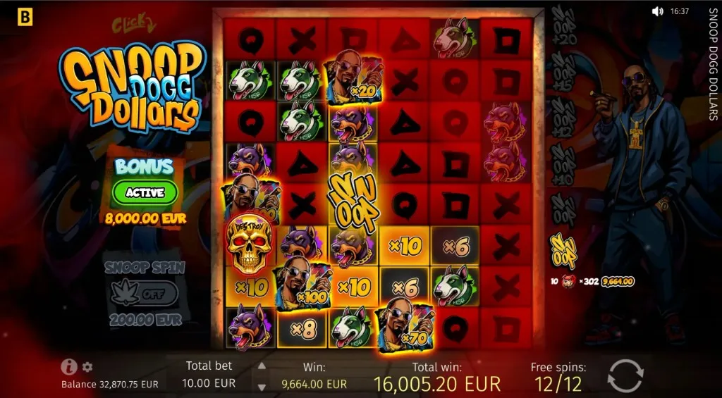 Snoop Dogg Dollars Cell Multipliers - ×6, ×8, and ×10 badges on grid cells during a bonus cascade