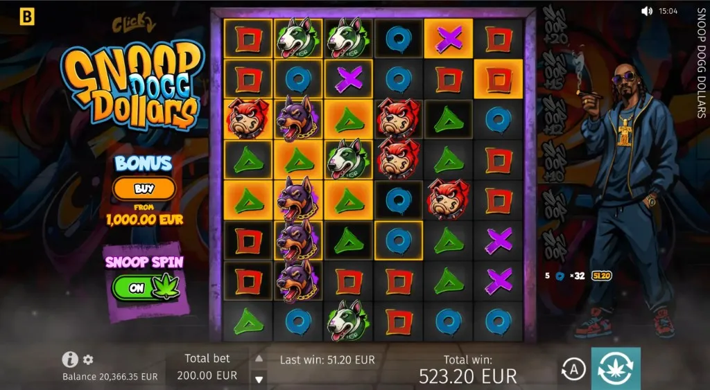 Snoop Dogg Dollars gameplay with sticky wild cells highlighted and total win after cascades