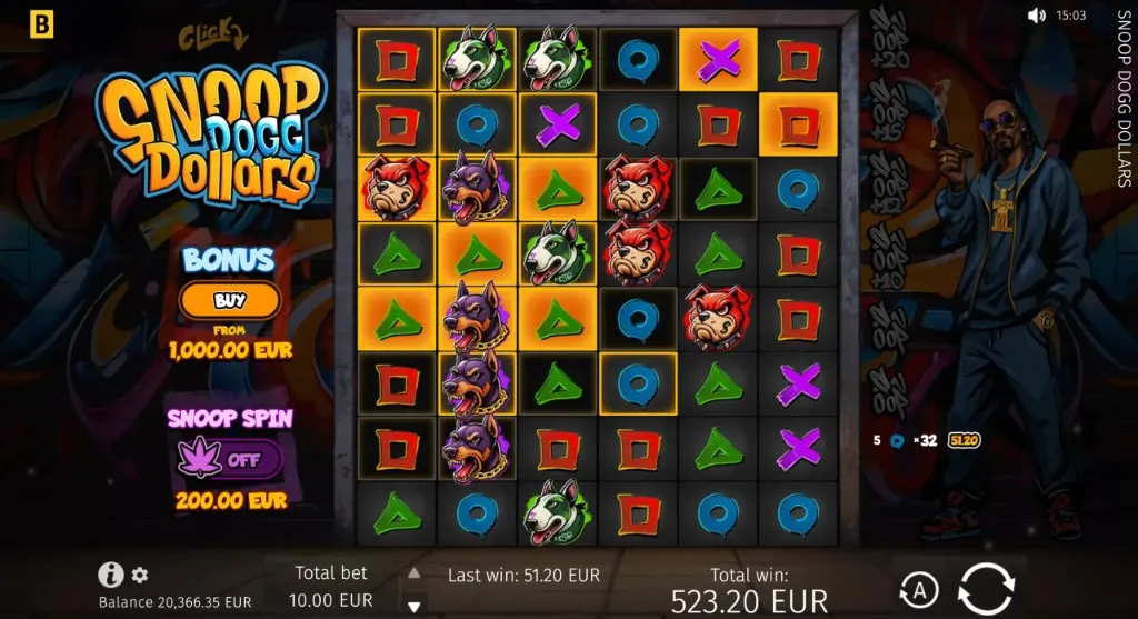Snoop Dogg Dollars base-game screenshot with the 6×8 cluster grid and west-coast symbols