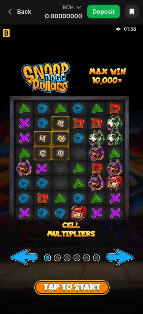 Snoop Dogg Dollars loading in Chrome on Android - mobile browser game page with the 6×8 grid