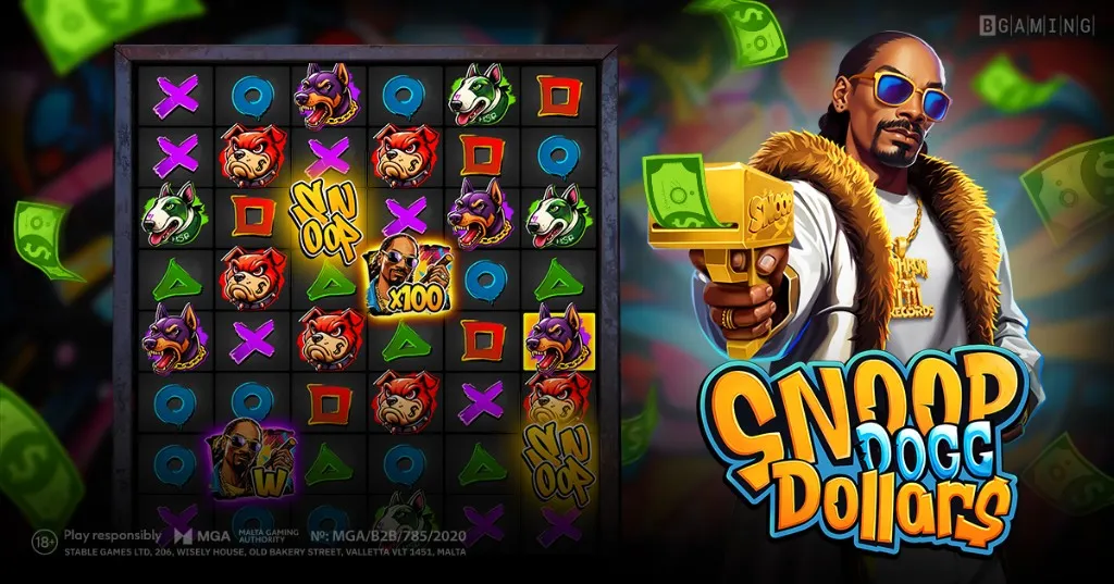 Snoop Dogg Dollars slot by BGaming - promotional banner with Snoop Dogg, game grid and BGaming branding
