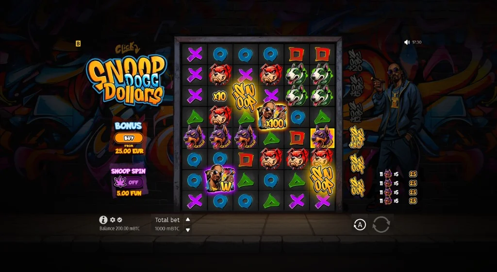 Snoop Dogg Dollars Snoop Spin - ante-bet panel active with Sticky Wild Dig-Up on the 6×8 grid